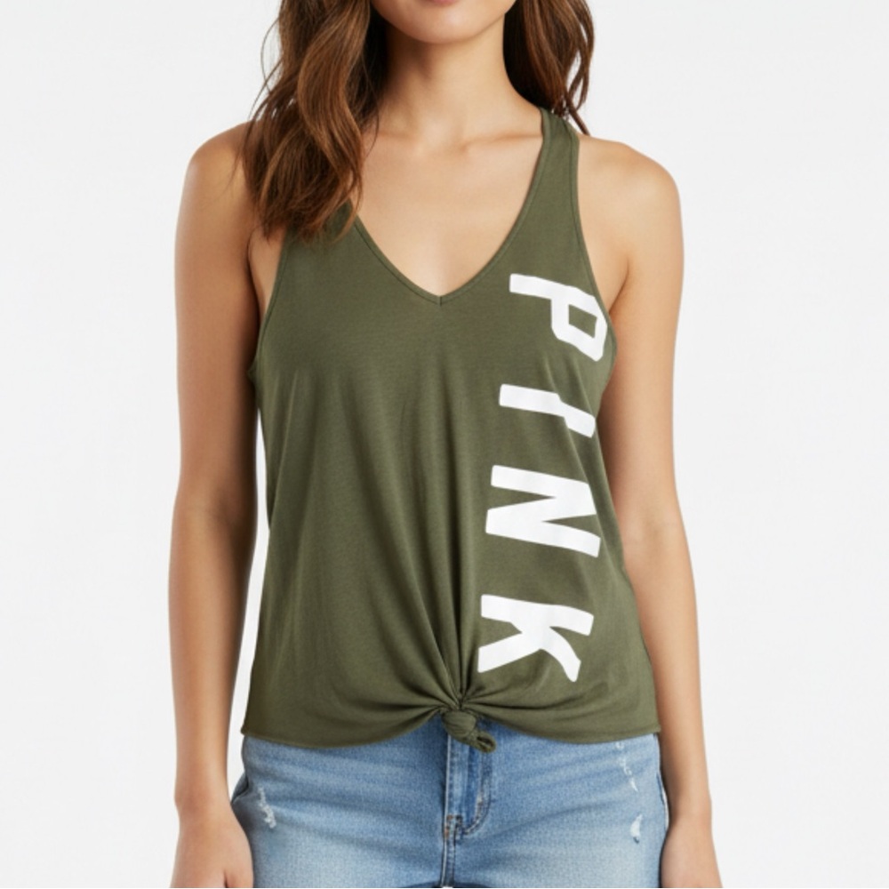 PINK Victoria's Secret Green‎ Sleeveless Tie Front Tank Top - 6057 - Crisscross